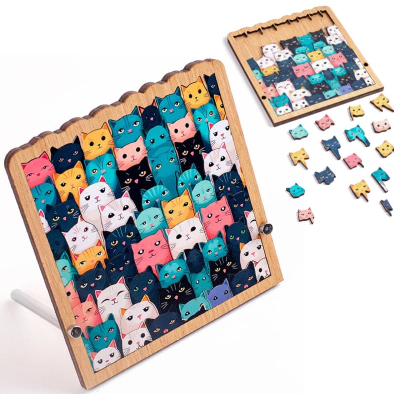Cat Shaped Puzzle, 62-piece Colored Cat Shaped Wooden Jigsaw Puzzle for Adults, Framed by Adorable Cats Outline Puzzles, for Birthday, Christmas, New Year, & Easter Celebrations - Image 1